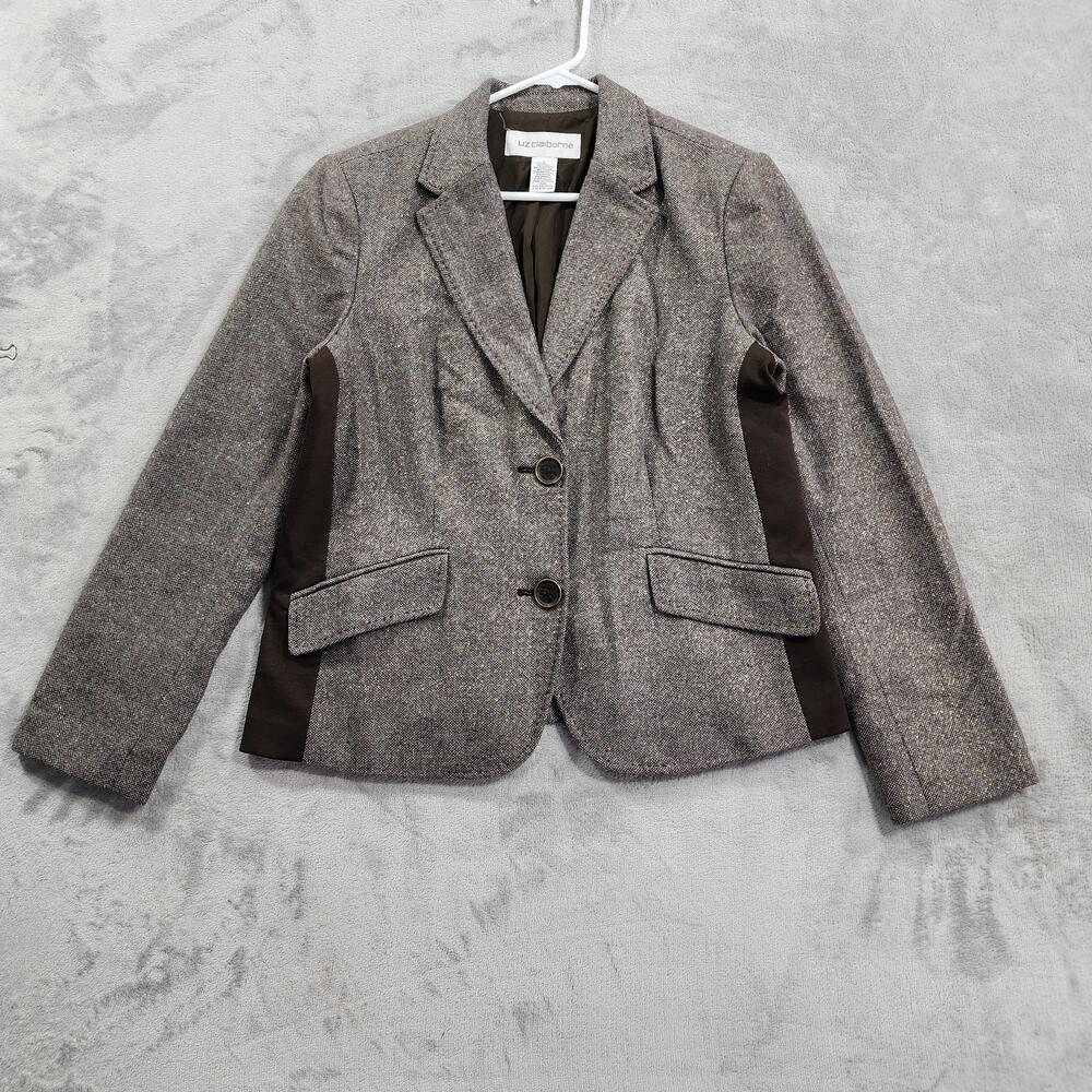 Liz Claiborne Blazer Women L Gray Brown Metallic Tweed Elbow Patch Jacket Office